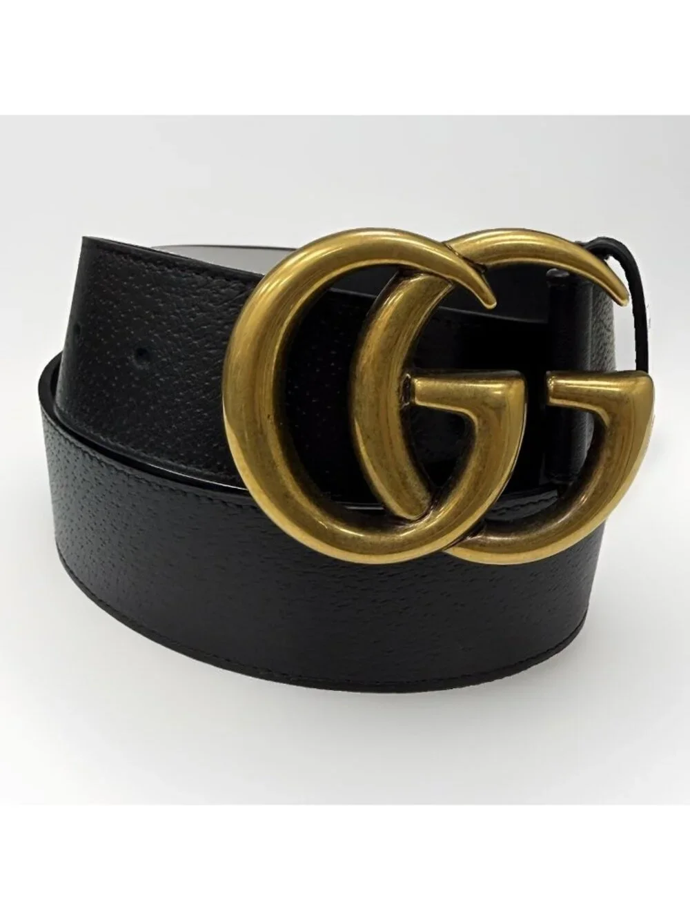 Gucci GG Marmont 1.5” Wide Textured Leather Belt 85/34 Black/Gold 406831 NEW